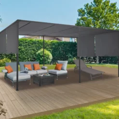 Pergola avec rideaux coulissants gris anthracite 3x6m