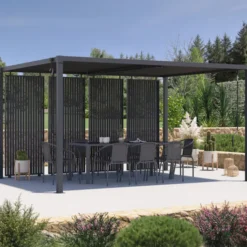 Pergola bioclimatique lames orientables acier 3x4 M avec persiennes verticales gris anthracite