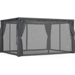 Pergola bioclimatique lames orientables acier 3x4 M rideaux et moustiquaire gris anthracite