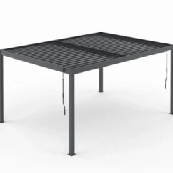 Pergola bioclimatique lames orientables acier 3x4 M rideaux et moustiquaire gris anthracite
