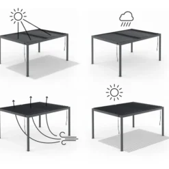 Pergola bioclimatique lames orientables acier 3x4 M rideaux et moustiquaire gris anthracite