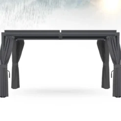 Pergola bioclimatique lames orientables acier 3x4 M rideaux et moustiquaire gris anthracite