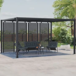 Pergola bioclimatique lames orientables acier 3x4 M avec persiennes horizontales gris anthracite