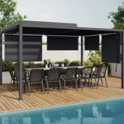 Pergola bioclimatique 3x4M lames orientables et stores gris anthracite