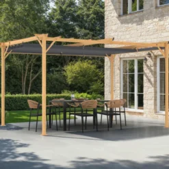 Pergola effet bois 3x4 M toit rétractable et 4 stores gris anthracite