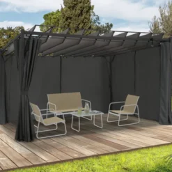 Pergola lames orientables avec 4 rideaux gris 3x4 M