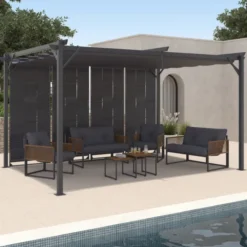 Pergola persienne 3x4 M gris anthracite avec toit rétractable et 4 pans modulables