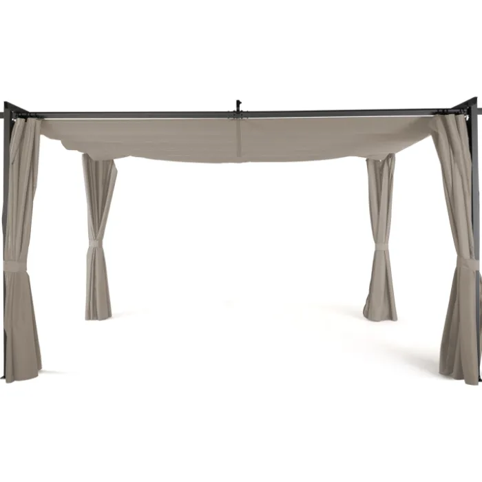 Pergola toit rétractable avec rideaux coloris taupe