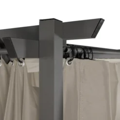 Pergola toit rétractable avec rideaux coloris taupe