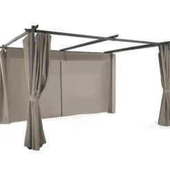 Pergola toit rétractable avec rideaux coloris taupe