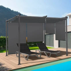 Pergola toit rétractable gris et stores enrouleurs