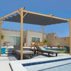 Pergola toit rétractable 4 pieds 3x4 M tonnelle effet bois toile gris anthracite