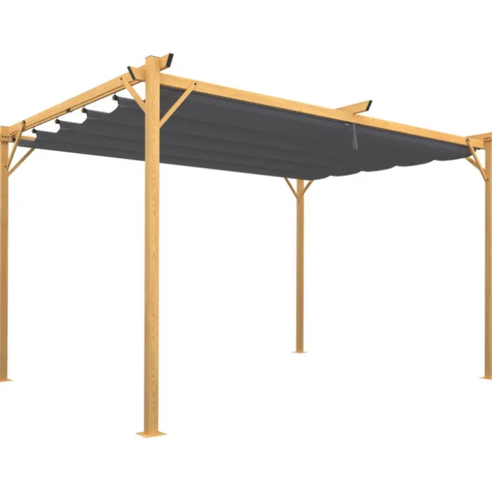 Pergola toit rétractable 4 pieds 3x4 M tonnelle effet bois toile gris anthracite
