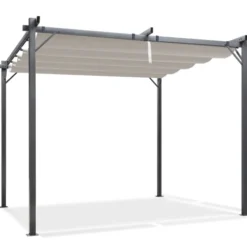 Pergola toit rétractable taupe et stores enrouleurs