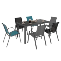 Salon de jardin avec table 150 cm et 6 chaises empilables mix color et acier