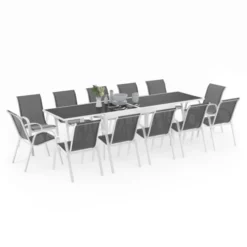 Salon de jardin avec table en verre trempé et 12 chaises
