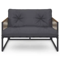Salon de jardin bas 6 personnes canapés et fauteuils gris anthracite et cordage effet rotin avec tables basses