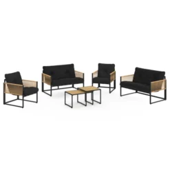 Salon de jardin bas 6 personnes canapés et fauteuils noir et cordage effet rotin clair avec tables basses