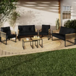 Salon de jardin bas 6 personnes canapés et fauteuils noir et cordage effet rotin clair avec tables basses