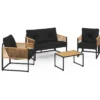 Salon de jardin bas 4 places acier noir, cordage rotin clair et coussins noir