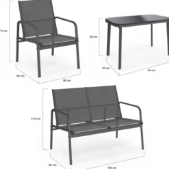 Salon de jardin bas 4 places avec canapé, fauteuils et table gris anthracite