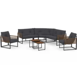 Salon de jardin bas 8 places canapé d'angle, fauteuils avec coussin gris et 2 tables basses