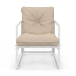 Salon de jardin bas 6 places en acier blanc et coussins beige