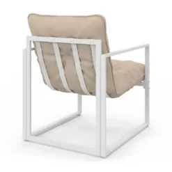 Salon de jardin bas 6 places en acier blanc et coussins beige