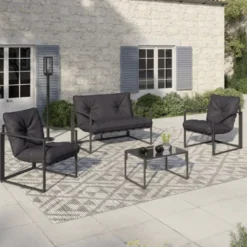 Salon de jardin bas 4 places en acier coloris gris anthracite