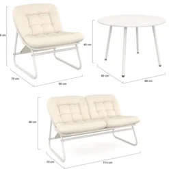 Salon de jardin bas 4 places en métal blanc et coussins beige avec canapé, fauteuils et table