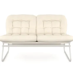 Salon de jardin bas 4 places en métal blanc et coussins beige avec canapé, fauteuils et table