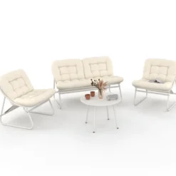 Salon de jardin bas 4 places en métal blanc et coussins beige avec canapé, fauteuils et table