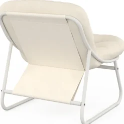 Salon de jardin bas 4 places en métal blanc et coussins beige avec canapé, fauteuils et table