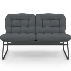 Salon de jardin bas 4 places en métal gris anthracite et coussins gris avec canapé, fauteuils et table