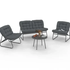Salon de jardin bas 4 places en métal gris anthracite et coussins gris avec canapé, fauteuils et table