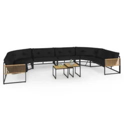 Salon de jardin bas 12 places salon d'angle structure métal noir, cordage effet rotin avec coussins noirs