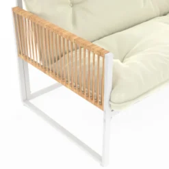 Salon de jardin bas 8 places salon d'angle structure métal blanc, cordage effet rotin avec coussins beige