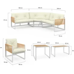 Salon de jardin bas 8 places salon d'angle structure métal blanc, cordage effet rotin avec coussins beige