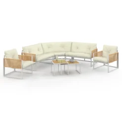 Salon de jardin bas 8 places salon d'angle structure métal blanc, cordage effet rotin avec coussins beige