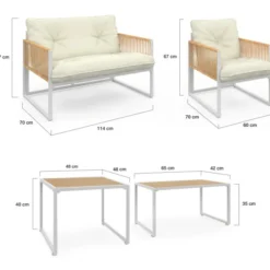 Salon de jardin bas 6 places structure métal blanc et cordage effet rotin avec coussins beige
