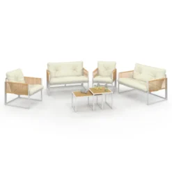 Salon de jardin bas 6 places structure métal blanc et cordage effet rotin avec coussins beige