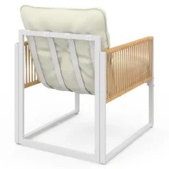 Salon de jardin bas 6 places structure métal blanc et cordage effet rotin avec coussins beige