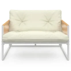 Salon de jardin bas 6 places structure métal blanc et cordage effet rotin avec coussins beige