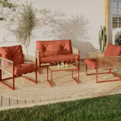 Salon de jardin bas 4 places structure métal terracotta, cordage effet rotin avec coussins terracotta