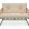 Salon de jardin bas 4 places structure métal vert, cordage effet rotin clair et coussins beige