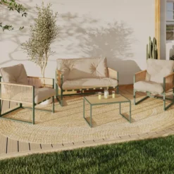 Salon de jardin bas 4 places structure métal vert, cordage effet rotin clair et coussins beige