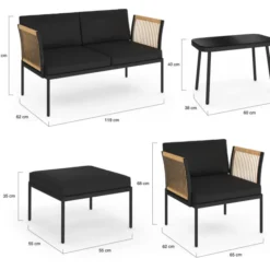 Salon de jardin bas RIO 4 places modulable structure métal noir, cordage effet rotin clair avec coussins noirs