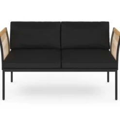 Salon de jardin bas RIO 4 places modulable structure métal noir, cordage effet rotin clair avec coussins noirs