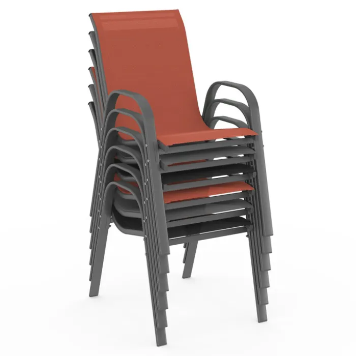 Salon de jardin 8 chaises empilables mix color gris, noir et terracotta et table 190 cm