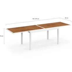 Salon de jardin extensible 12 personnes table 135/270 cm plateau effet bois et chaises empilables blanc et bois